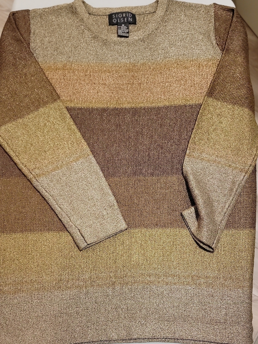 Sigrid Olsen Men's Striped RAYON Crewneck Sweater in Brown, Tan and Cream